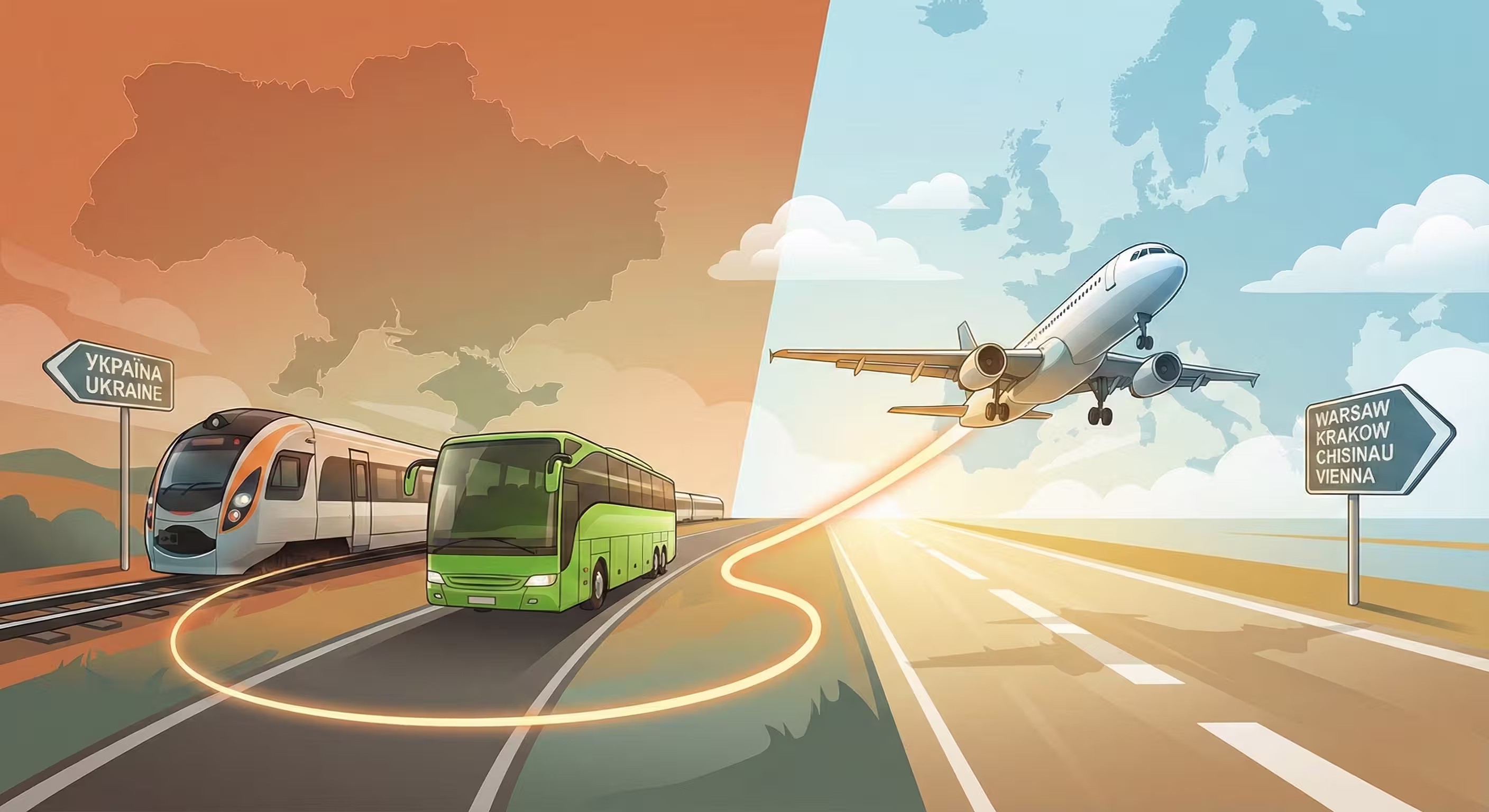 Map of travel routes from Ukraine to the nearest European airports 2025: Poland, Moldova, Hungary.