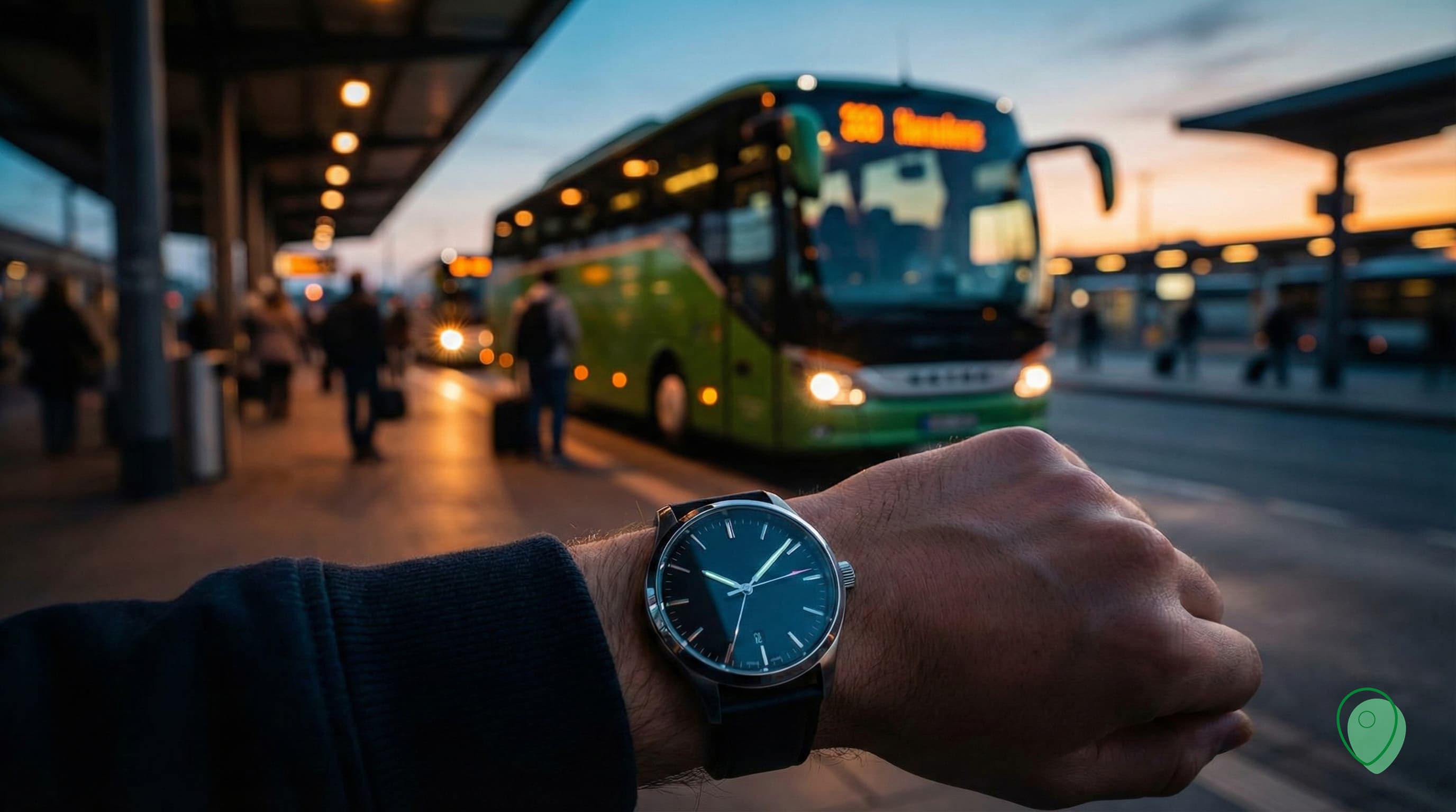 Passenger running late for GreenBus, checking time on smartphone